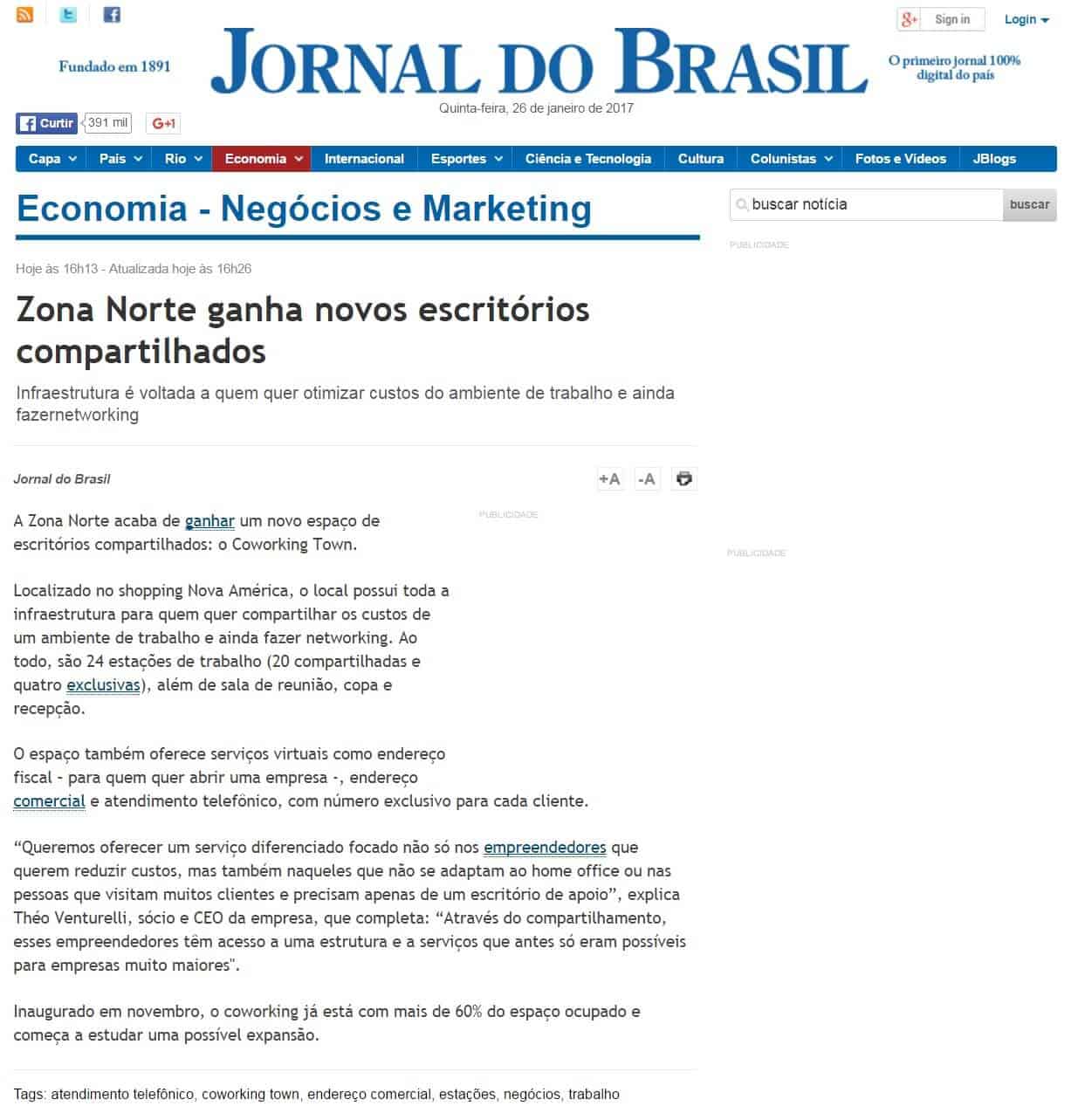 Matéria Sobre o Coworking Town no Jornal do Brasil